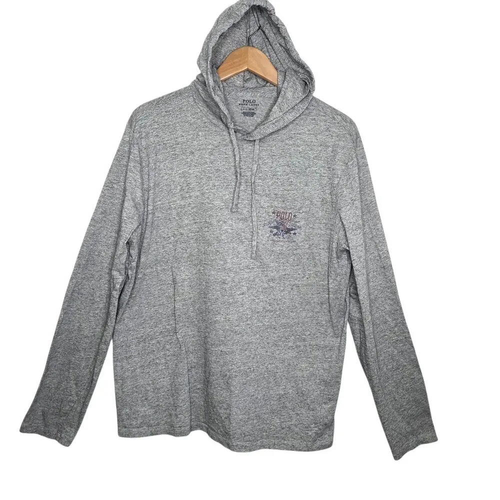 Ralph Lauren Mens Grey 1967 Polo Flag Cotton Hoodie Pullover Sweatshirt SZ L USA